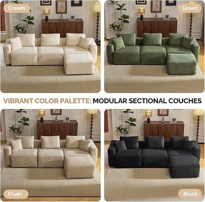 VINGLI 112.2“ Convertible Corduroy Cloud Sectional Couches with Movable Ottoman, L-Shaped Boneless Couches for Living Room with Deep Seat, 3 Seater Modular Spineless Sofa, No Assembly Required, Khaki