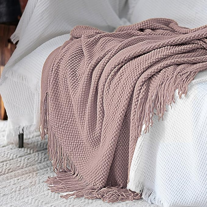 LOMAO Knitted Throw Blanket with Tassels Bubble Textured Lightweight Throws for Couch Cover Home Decor (Brownish Pink, 50x60)