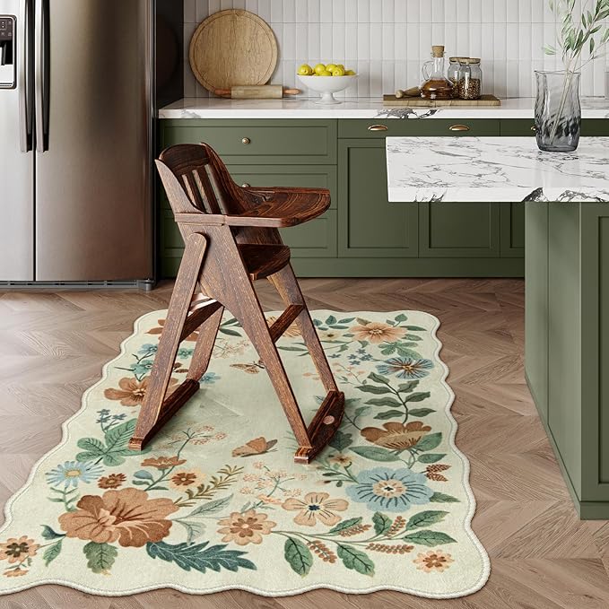 Lahome Floral Machine Washable Rug, 3x5 Rug Non Slip Soft Bedroom Rugs for Entryway Dorm, Ultra-Thin Boho Rugs for Living Room Stain Resistan Throw Carpet for Nursery Entrance Flore, Beige