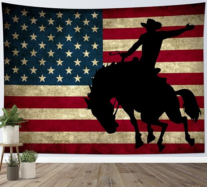 LB Western Cowboy Tapestry Vintage American Flag Tapestry for Bedroom Cool Man on Black Horse Tapestries Wall Hanging for Living Room College Dorm Wall Decor,60x40 inches