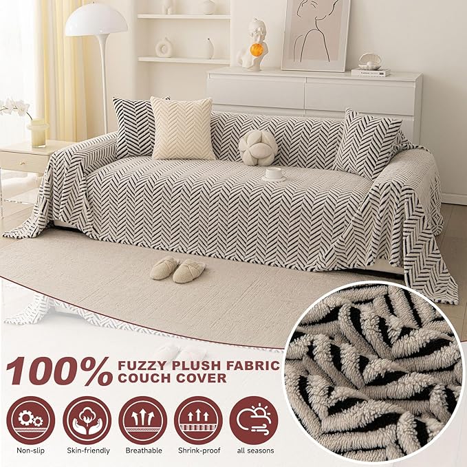 ROOMLIFE Striped Boho Black Couch Cover for 2-3 Cushion Sofa, Fuzzy Plush Warm Sofa Slipcovers Sectional Sofas Covers, Non Slip Washable Furniture Protector Soft with Tassel,Winter 71''X150”