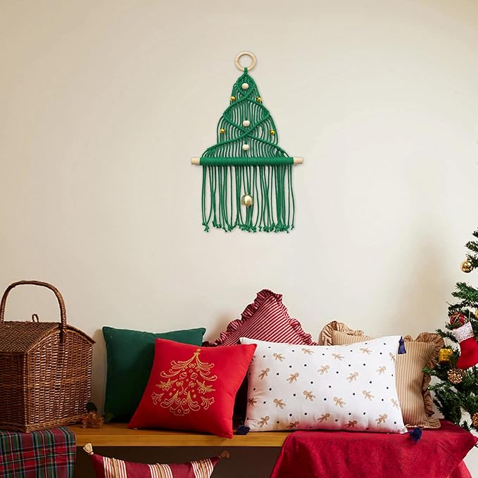 HVEST Green Macrame Christmas Tree Wall Hanging- Macrame Christmas Ornaments- Boho Xmas Gifts- Handmade Woven Tapestry for Bedroom Living Room Holiday Decorations, 16L X 10W