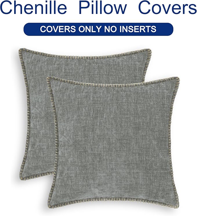 CaliTime Throw Pillow Covers Decorative 18 X 18 Inches Pack of 2 Cotton Thread Stitching Edges Solid Dyed Soft Chenille Cushion Cases for Couch Sofa Bed Living Room Farmhouse Medium Grey