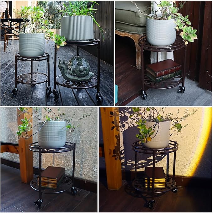 2 Tier Rolling Plant Stand with Wheels, Mid Century Modern Metal Stand for Planters, 2 Sizes 9 Inch & 11 Inch, Indoor Outdoor Movable Flower Pot Holder for Decor Home Garden Patio Load Bearing 165 LB 2 Pack Coffee