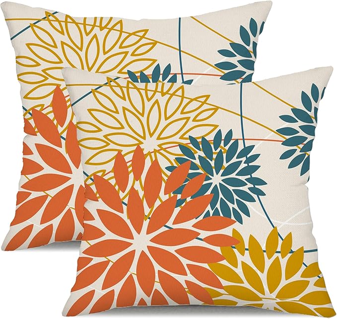 Orange and Yellow Floral Pillow Covers 18x18 Set of 2 Fall Outdoor Waterproof Decorative Throw Pillows Summer Pillowcovers Polyester Cushion Case Decor for Couch Patio Funiture Garden Porch 01Q18