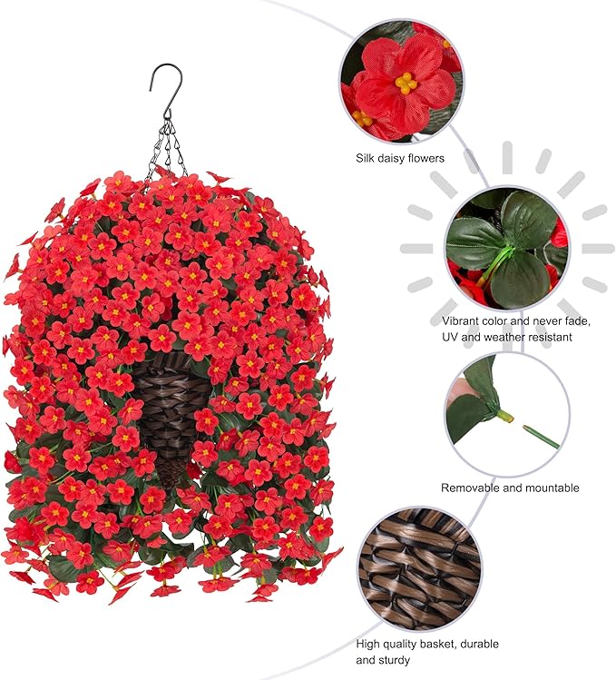 Artificial Hanging Flowers with Baskets for Decor, Fake Silk Red Hanging Daisy Orchid Flowers Plants, Faux Flower Centerpieces for Home Indoor Outdoor Garden Patio