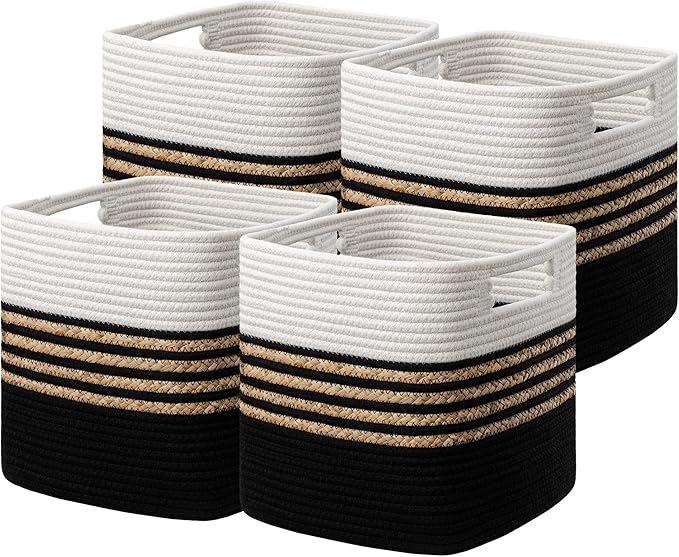 UBBCARE Set of 4 Storage Cubes 13 X 13 X 13 in, Water Hyacinth Storage Bins for Shelves, Toys, Book, Storage Baskets with Handles, Cotton Rope Woven Baskets for Organizing, Black
