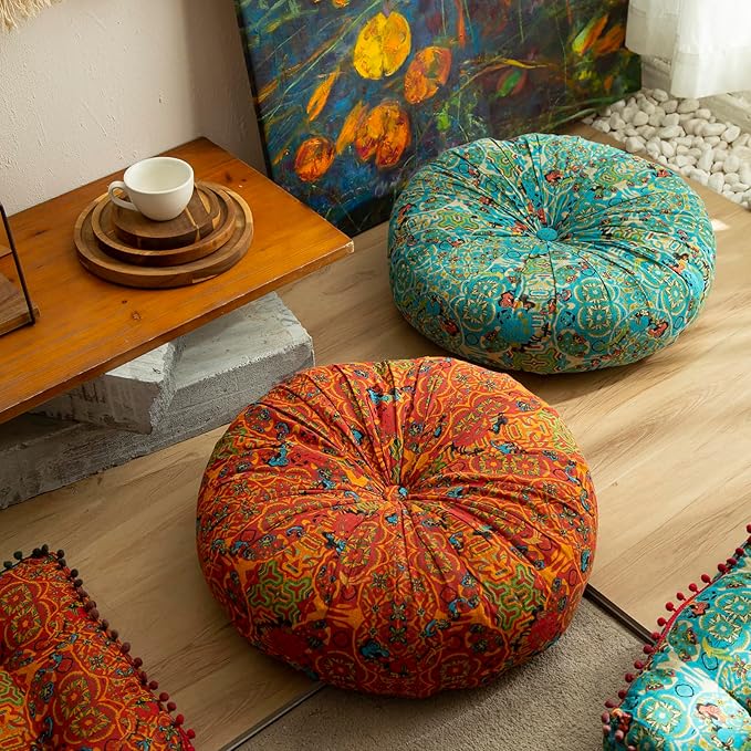 Moroccan Printed Round Chair Pads Cotton Linen Soft Comfort Chair Cushion Colorful Pompom Seat Cushions for Indoor Dining Room and Kitchen Chairs (Orange,22x22 Inch)