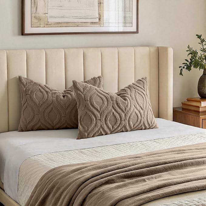 decorUhome Cozy Textured Throw Pillow Covers 12x20 Inch Set of 2, Soft Plush Faux Wool Light Brown Accent Couch Pillow Covers for Modern Farmhouse Sofa Bed Living Room