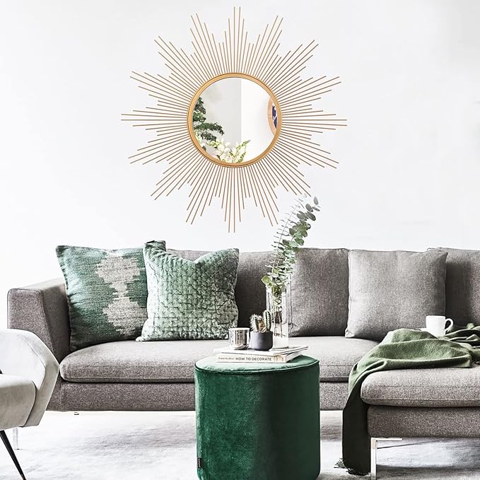 Cityelf 24'' Large Gold Sunburst Wall Mirror Boho Home Decor Round Wall Art Mirror for Living Room/Bedroom/Bathroom/Entryway