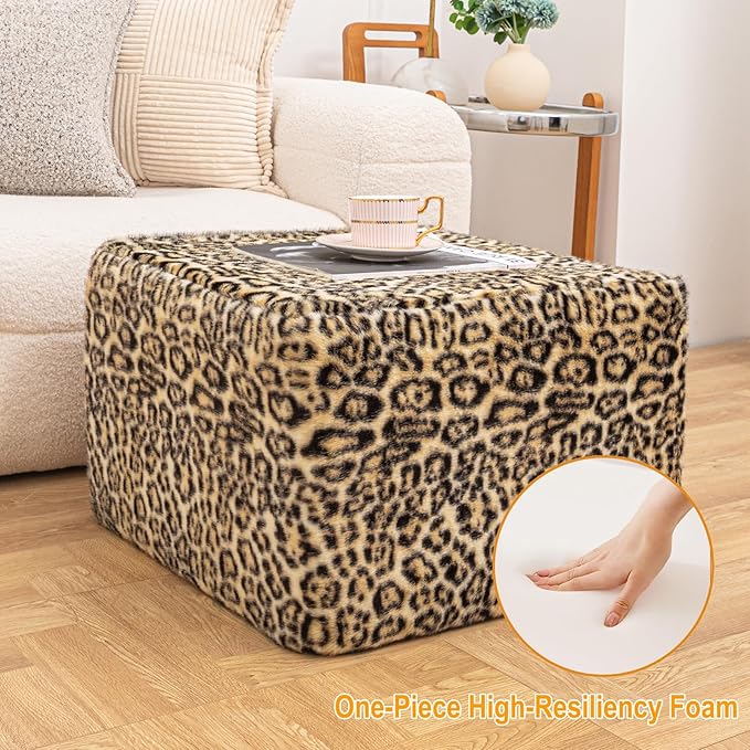 20x20x14 Inches Fluffy Square Pouf Ottoman - Plush Furry Boneless Ottoman Foot Rest Stool with High-Density Foam, Versatile Floor Seating for Living Room (Leopard Print)
