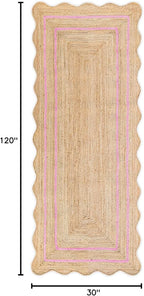 Wave Scalloped Natural Jute Runner Rug, Boho Jute Rug, Entryway Runner Rug, Farmhouse Scallop Rug, Light Pink (2'6" x 10")
