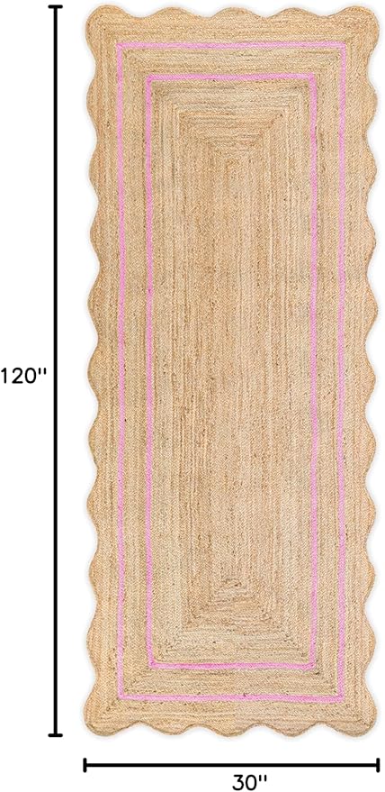 Wave Scalloped Natural Jute Runner Rug, Boho Jute Rug, Entryway Runner Rug, Farmhouse Scallop Rug, Light Pink (2'6" x 10")