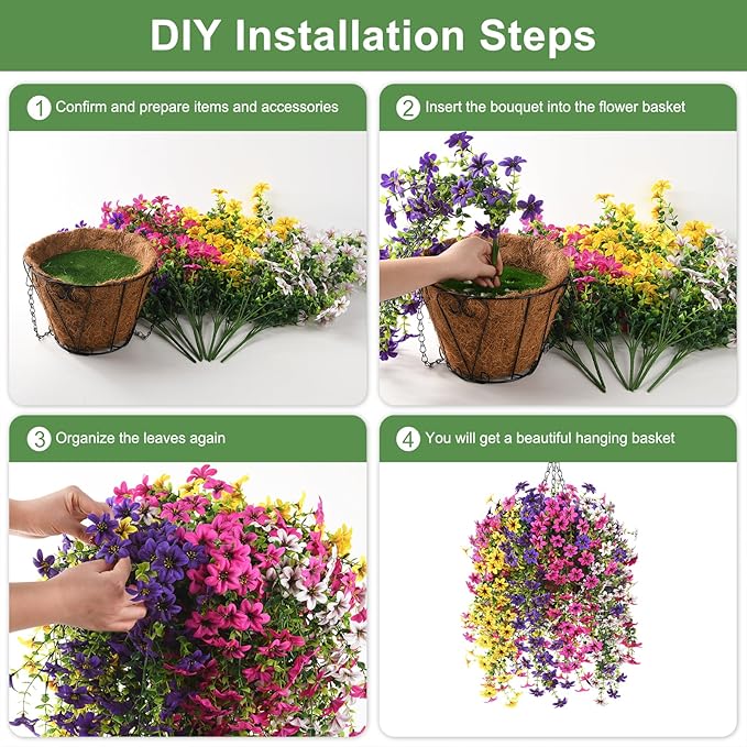 INQCMY Artificial Fake Hanging Plants Flowers Basket for Spring Outdoor Outside Decoration,UV Resistant Faux Silk Flower in Planter for Home Patio Porch Balcony Garden Yard Decor(Mixed Color)