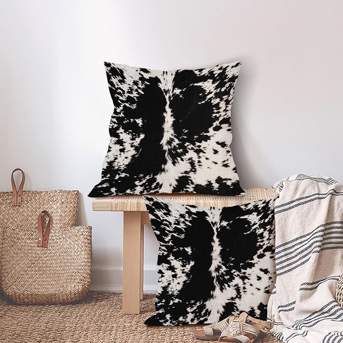 Cowhide Print Pillow Covers 22X22 Inch Black White Cow Spots Decorative Square Pillow Cases Set of 2 Farmhouse Western Home Decor Cotton Linen Throw Pillows For Bedroom Sofa Couch Porch Outdoor