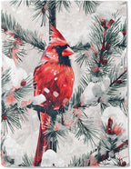 Snowy Red Cardinal Fleece Blanket - Lightweight Soft Cozy Gifts Throw for Animal Lovers,Kids,Women,Winter Snow-Covered Pine Branch Blankets,Home Room Modern Festive Decor 50x60in