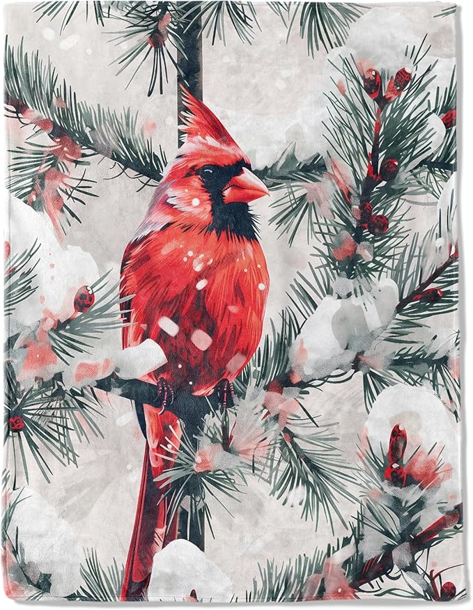 Snowy Red Cardinal Fleece Blanket - Lightweight Soft Cozy Gifts Throw for Animal Lovers,Kids,Women,Winter Snow-Covered Pine Branch Blankets,Home Room Modern Festive Decor 50x60in