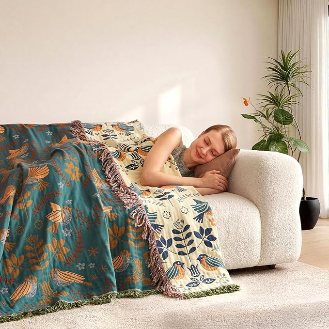 Boho Throw Blanket for Couch 100% Cotton Soft Birds and Floral Double Embroidery Breathable Spring Throw Blankets,50"x60" All Season Reversible Throws for Sofa Chair Livingroom Home Decor