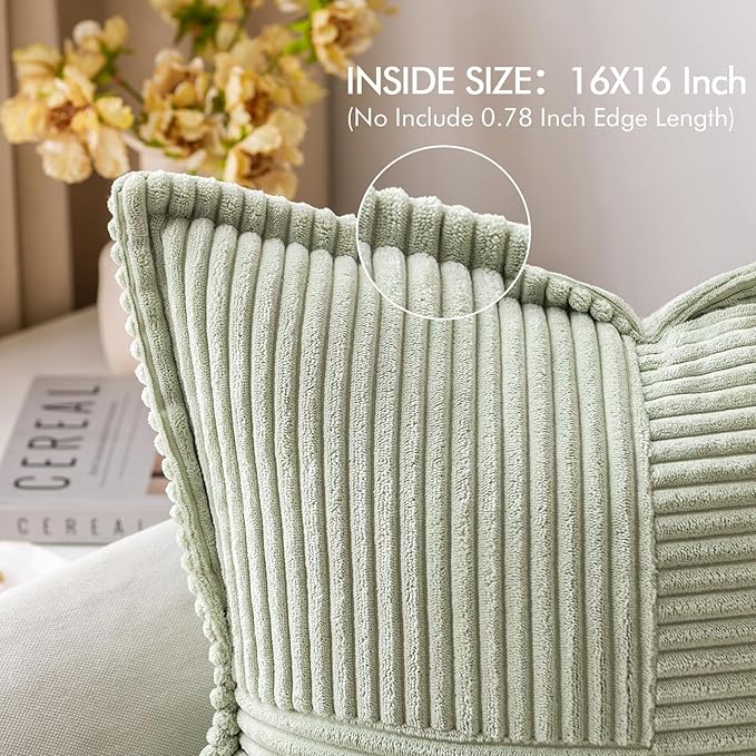 MIULEE Spring Decorative Throw Pillow Covers for Couch Bed Livingroom 16x16 Inch Set of 2 Light Green Boho Accent Throw Pllows Broadside Striped Patchwork Soft Corduroy Summer Pillowcases