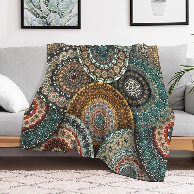 Bohemian Throw Blanket Colorful Vintage Floral Mandala Flower Aztec Boho Blanket for Sofa Bed Couch Chair Or Dorm 60"x80"