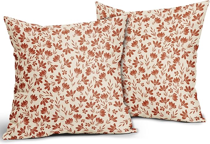 Burnt Orange Floral Pillow Covers 18x18 Set of 2 Vintage Rustic Old Style Cute Flower Orange Cream Print Decorative Outdoor Pillowcases Fall Farmhouse Throw Cushion Case Decor for Couch Sofa Bed