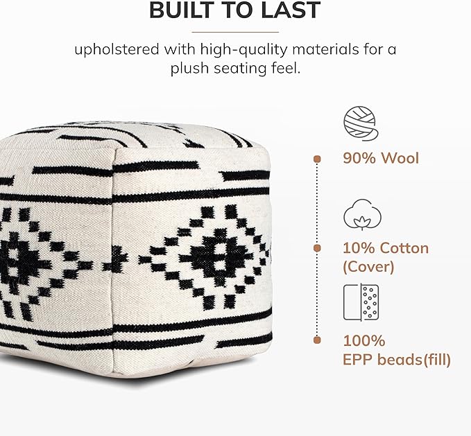 Anji Mountain Pouf Ottoman Foot Rest, Handmade Ottoman Pouf, Comfortable Foot Stool, Decorative Floor Seating for Living Room Decor, Bedroom & Home Décor Accent - Carbon Ikat