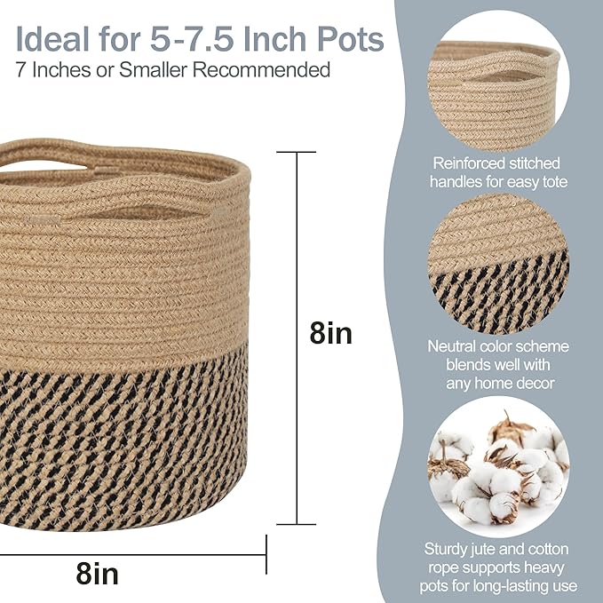 Woven Jute Plant Basket, Wicker Basket Planter up to 7" Pot, Round Indoor Tree Pot Cover, Small Boho Planter, Decorative Bins for Plants and Home Decor, 8”x8”x8, Black Stripes