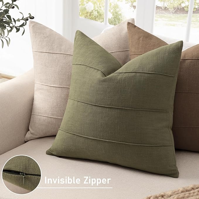 ZWJD Christmas Linen Throw Pillow Covers 18x18 Set of 2 Solid Handcrafted Striped Cushion Covers for Bed Soft Xmas Decorative Pillow Covers for Couch Bedroom Living Room Christmas Decor(Olive Green)