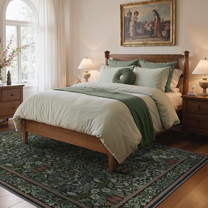 GENIMO Washable 3x5 Area Rug, Soft Vintage Floral Boho Carpet, Low-Pile Non-Slip Rug for Living Room, Bedroom, Dining Room, Nursery, Dark Green