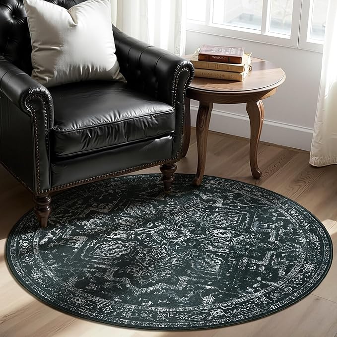 Black White Round Rugs 5ft, Non Slip Washable Thin Circle Rugs for Bedroom Living Room, Traditional Medallion Printed Circle Carpet 5 feet for Kitchen Dining Room