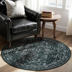 Round Rugs 4ft Black White, Low Pile Thin Washable Non Slip Small Circle Rug for Entryway Kitchen Dining Room, Tranditional Medallion Round Carpet for Bedroom Living Room