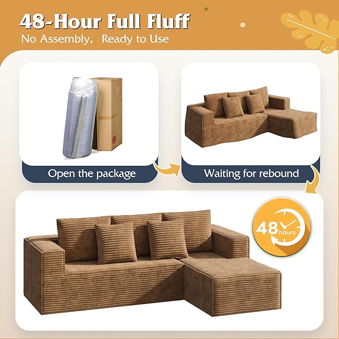 WLIVE 108'' Cloud Sectional Couches for Living Room, Modular Boneless Couch with Left Facing Chaise, L Shape Memory Foam Corduroy, with Cushion, Brown