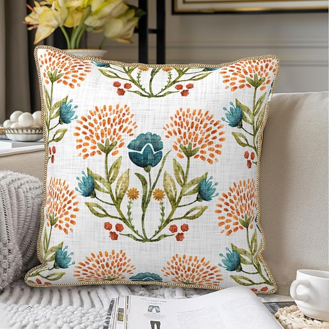 KSLIDS Floral Leaf Soft Velvet Throw Pillow Covers Set of 2 Orange Flowers Sage Green Leaves Decorative Pillow Covers 16x16 Inch Farmhouse Pillow Case for Sofa Couch Living Room Home Decor