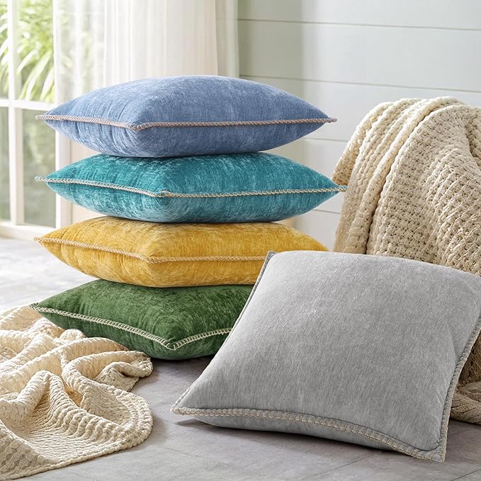 decorUhome Chenille Soft Cozy Throw Pillow Covers 24x24 Set of 2, Modern Farmhouse Boho Velvet Decorative Euro Sham Pillow Cases with Stitched Edge for Couch Sofa Bed Home Decor, Forest Green