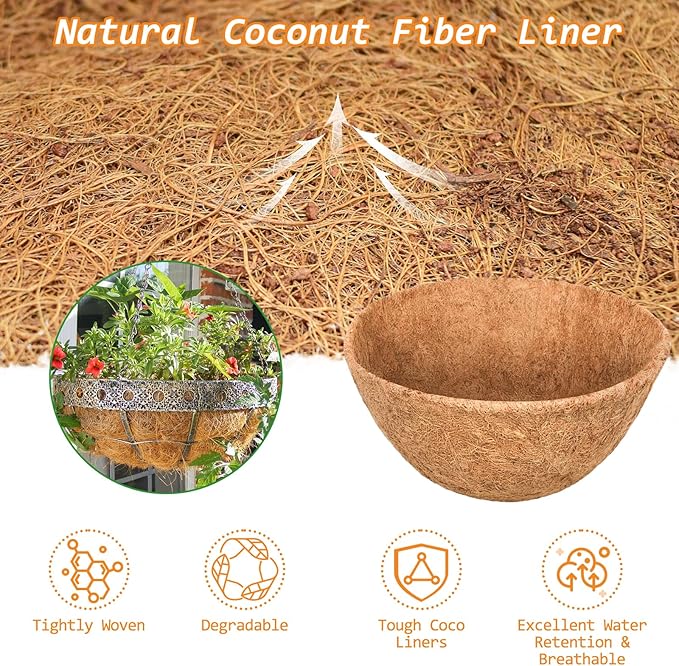 Riare 6 Pack 10 Inch Round Coco Liners Replacement, 100% Natural Coconut Coir Liners for Hanging Baskets, Garden Flower Vegetables Planter Pot, Window Box, Fence, Decks
