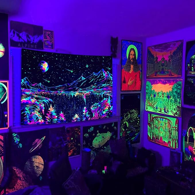 Zussun Blacklight Mountain Tapestry Starry Night Tapestries for Bedroom Aesthetic Moon and Stars Tapastry Wall Hanging Glow in The Dark Nature Forest Wall Tapestry for Living Room Dorm (60'' × 44'')