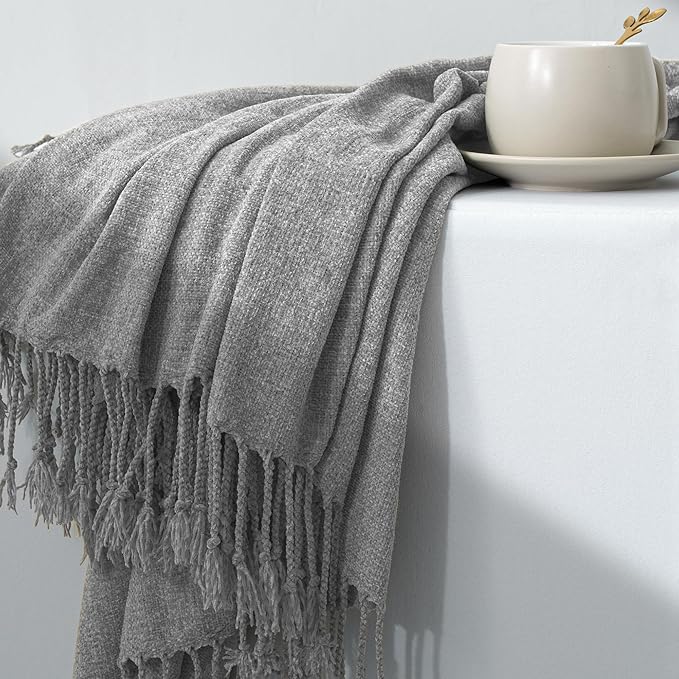 Chenille Throw Blanket for Couch with Tassels,60"X88" Soft Lightweight Knitted Boho Decorative Blankets for Bed and Sofa,Light Grey