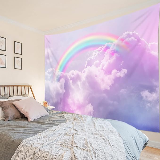 LB Pink Colorful Cloud Tapestry Wall Hanging Aesthetic Fantasy Rainbow Sky Natural Landscape Wall Tapestry for Girls Kids Bedroom Living Room Dorm 48Wx36L Inches