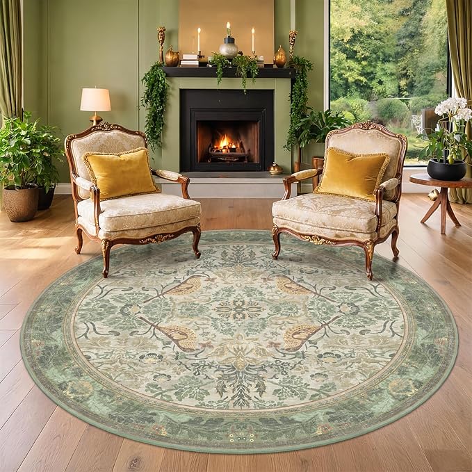 Washable Sage Green 6ft Area Round Rug for Living Room - Vintage Circular Rug for Kids Bedroom, Dining Room, Office with Botanical Floral Bird Pattern, Low Pile Non Slip Stain Resistant