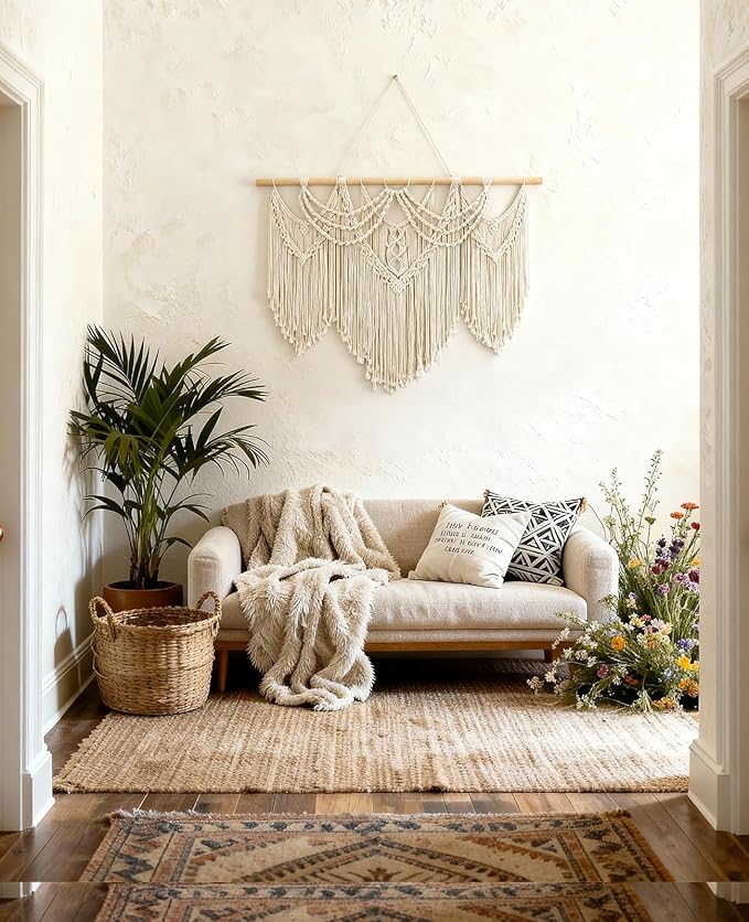 Tempospark Large Macrame Wall Hanging, 43" Wx32 L Boho Wall Hangings for Living Room Bedroom Nursery, Boho Chic Large Macrame Tapestry for Bedroom Wall Decor (Tassel)