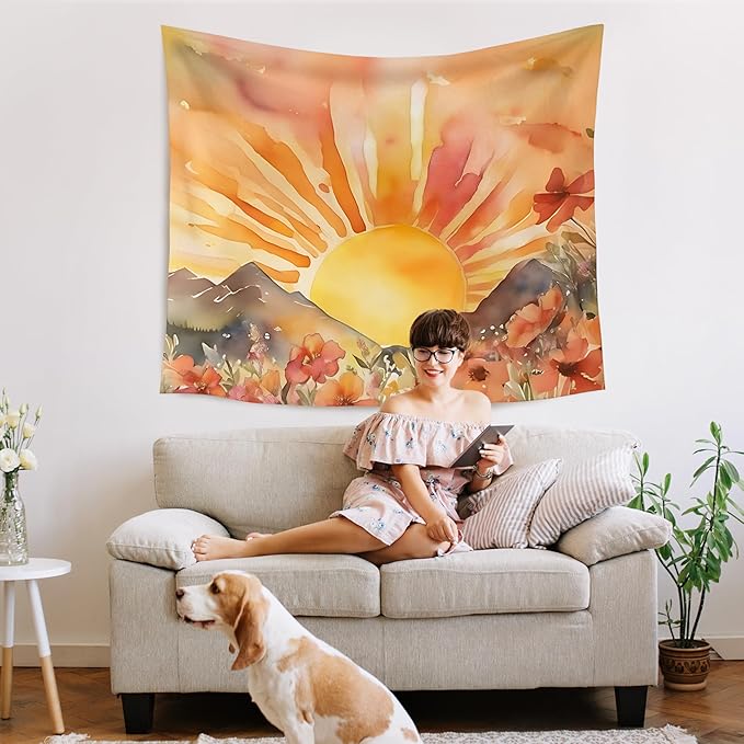 WARDOS Boho Sun Tapestry, Boho Tapestry Wall Hanging, Abstract Mid Century Modern Sunshine Sunset Sunrise Wildflower Mountain Landscape Wall Blanket Decor for Home Living Room Bedroom, 50x60 Inch