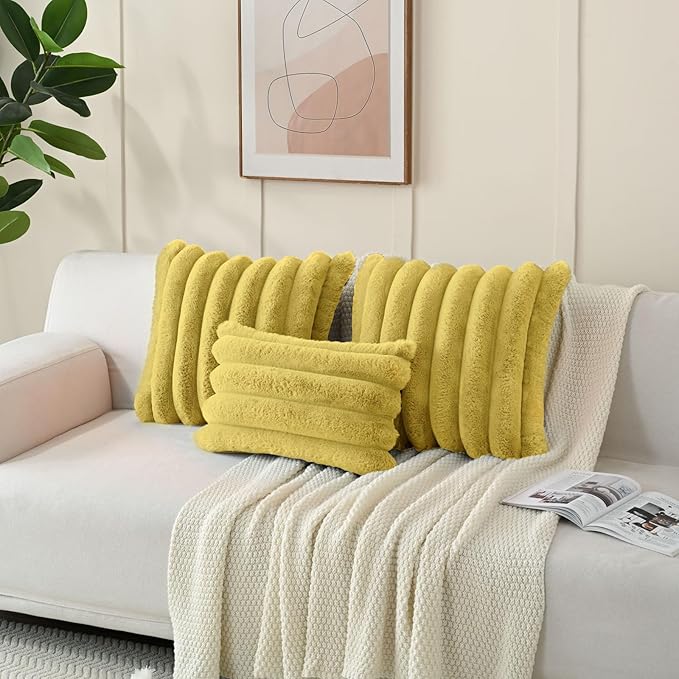 FUTEI Mustard Yellow Decorative Throw Pillow Covers 20x20 Inch Set of 2, Square Soft Faux Rabbit Fur Big Striped Cushion Cover,Home Decor for Couch Sofa Bed Living Room