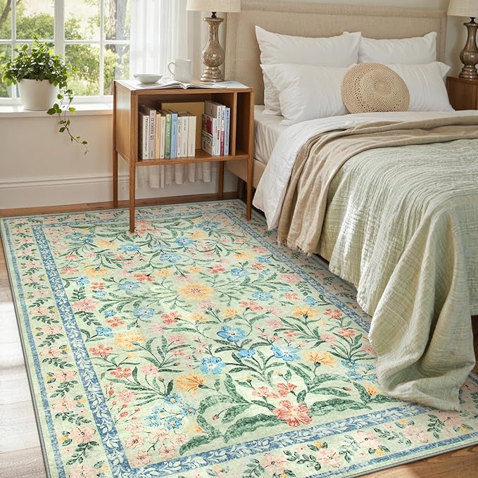 Lahome Sylvie Washable 5x7 Area Rugs, Boho Pink and Green Floral Living Room Rug Non Slip, Vintage Girls Bedroom Indoor Carpet for Nursery Playroom Kitchen, Green/Multi