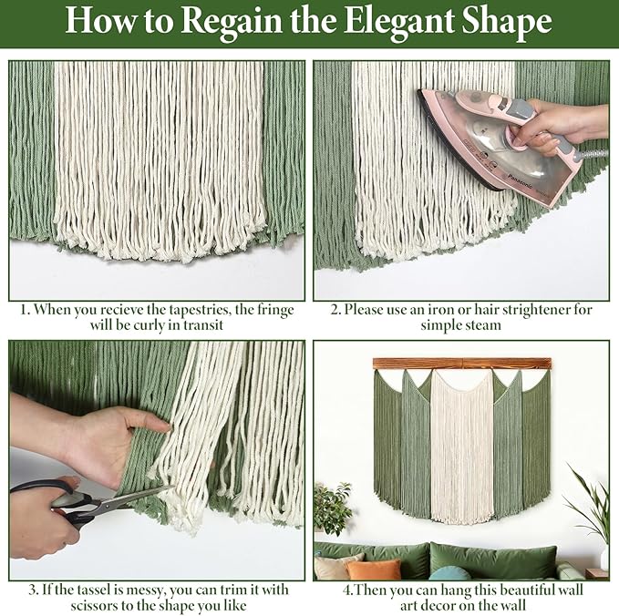 Dremisland Macrame Wall Hanging Dip-Dyed Large Boho Wall Decor Yarn Tapestry Handmade Sage Green Woven Tapestry Wall Art Decorations for Bedroom Living Room Nursery Apartment 31.5"x29.5"