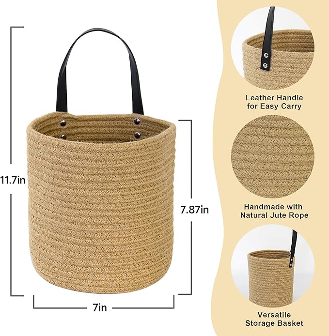 2 Pack Hanging Basket, Small Wall Baskets for Organizing, Wicker Boho Wall Decor Set, Indoor Hanging Plant Holder, Rattan Woven Organizer for Home Decor, Farmhouse Storage Bin, Jute