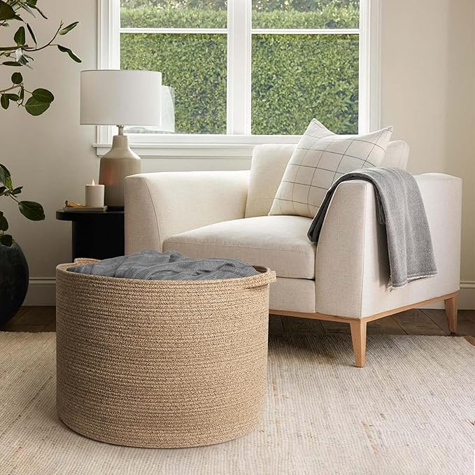 115L Wicker Storage Basket, 23.6"x15.7" Woven Cotton Rope Basket, Giant Kids Dog Toy Bin Organizer, XXXL Blanket Pillow Holder for Living Room, Brown Variegated Wicker Baskets for Organizing