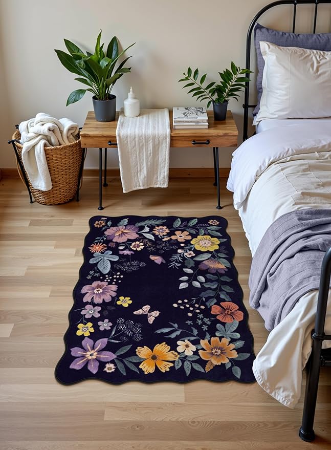 Lahome Floral Entryway Rug, 2X3 Washable Kitchen Rug Non-Slip, Ultra-Thin Soft Door Mat Indoor Entrance Stain Resistant Boho Small Throw Carpet for Bathroom Bedroom Flore (2x3ft,Purple)