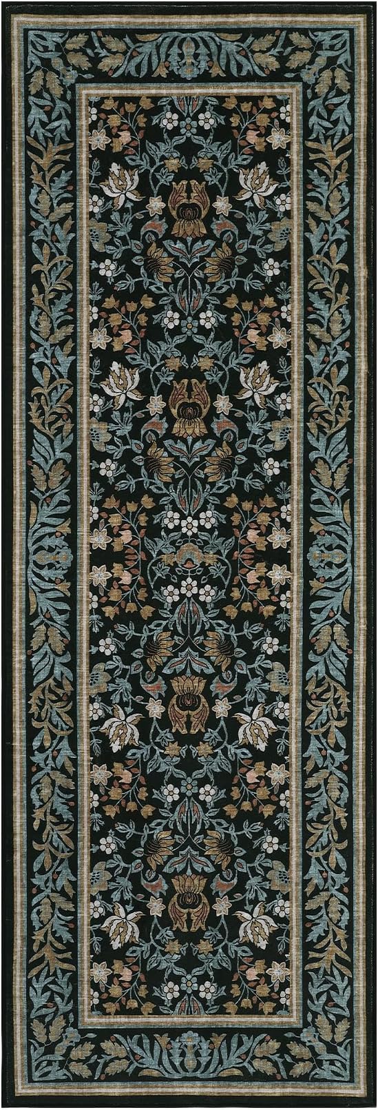 GarveeHome Kitchen Runner Rug 2x6 Runner Rug Non Slip Washable Runners for Hallways, Boho Vintage Rugs with Rubber Backing Soft Low-Pile Indoor Carpet for Entryway Bedroom Blue Black