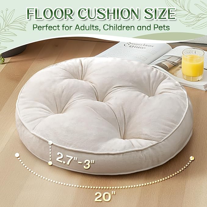 Floor Pillow Set of 2, Memory Foam Meditation Cushion, Floor Cushions for Adults Sitting, Large Round Seat Cushions for Yoga, Living Room, 20x20 Inch (Round | Off-White)