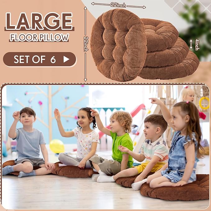 Jerify Floor Pillow Cushions Large Round Square Large Meditation Floor Pillow for Classroom Adult Meditation Picnic Party Seating Learning Daycare School(Round,Brown,6 Pcs)